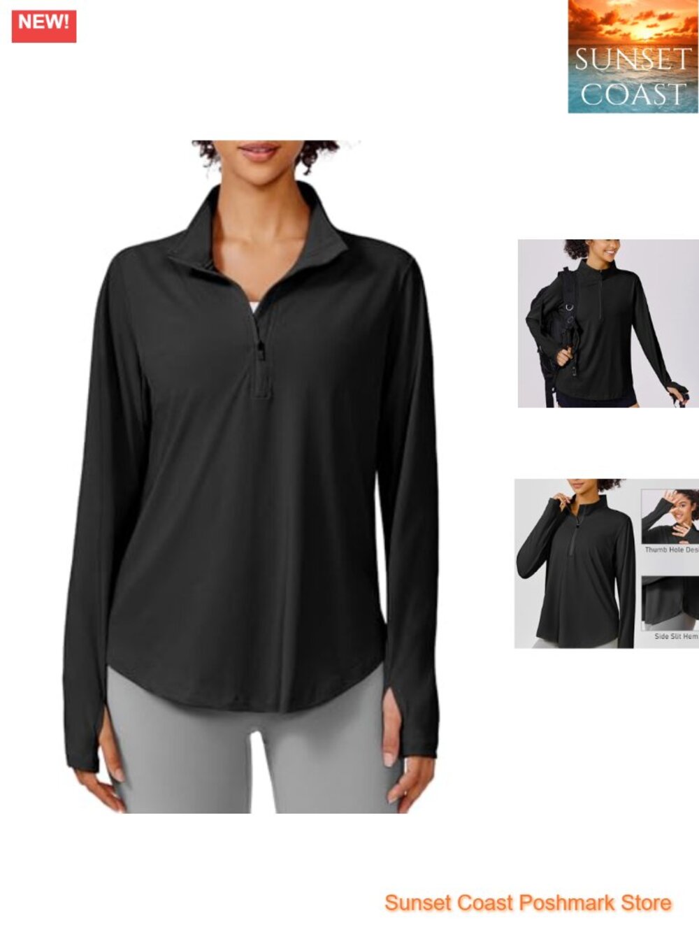 Long Sleeve Workout Top Half Zip UPF 50+ Sun Shirt Thumb Hole Quick Dry